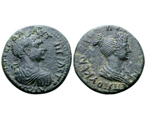 Trajan, with Plotina, Æ25 of Perinthus, Thrace. AD 102-112. AYT[O] N?PAC TPAIA[NOC KAI C? ??P ?A], laureate, draped and cuira