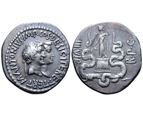 Marc Antony and Octavia AR Cistophoric Tetradrachm of Ephesus, Ionia. Struck circa 39 BC. M•ANTONIVS•IMP•COS•DESIG•ITER•ET•TE