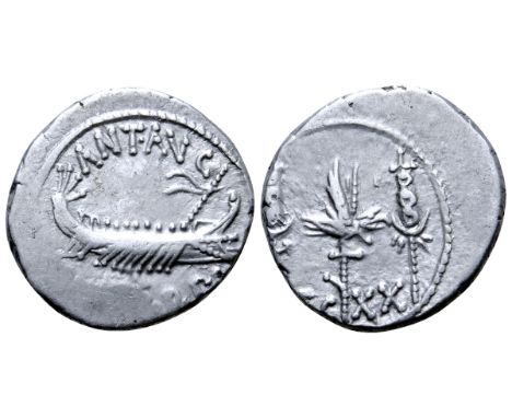 Marc Antony Legionary AR Denarius. Military mint moving with Antony, autumn 32 - spring 31 BC. ANT•AVG III•VIR•R•P•C, praetor