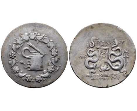 P. Cornelius P. f. Lentulus Spinther AR Cistophoric Tetradrachm. Artemidoros, son of Damokrates, magistrate. Laodicea, 56-54 