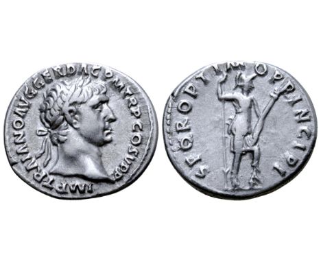 Trajan AR Denarius. Rome, AD 103-111. IMP TRAIANO AVG GER DAC P M TR P COS V P P, laureate head right / S P Q R OPTIMO PRINCI