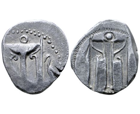 Bruttium, Kroton AR Stater. Circa 480-430 BC. Tripod with legs terminating in lion's feet; [QPO to left], heron standing left