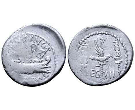 Marc Antony Legionary AR Denarius. Military mint moving with Antony, autumn 32 - spring 31 BC. [ANT•AVG] III•VIR•R•P•C, praet