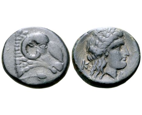 Troas, Kebren Æ20. Circa 400-387 BC. Head of ram right; grain ear below / Laureate head of Apollo right; K-E across fields. S