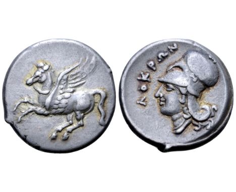 Bruttium, Lokri Epizephyrioi AR Stater. Circa 325-317 BC. Pegasos flying left / Head of Athena left, wearing Corinthian helme