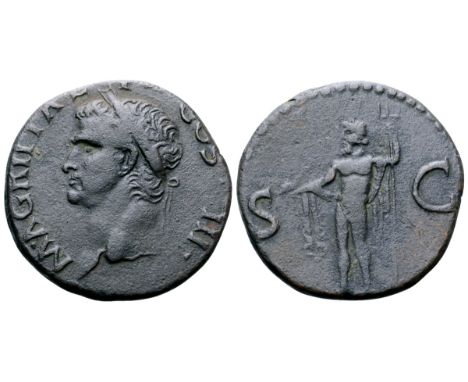 Agrippa (grandfather of Caligula) Æ As. Rome, AD 37-41. M AGRIPPA [L F] COS III, head left, wearing rostral crown / Neptune s