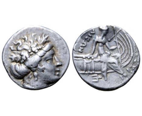 Euboia, Histiaia AR Tetrobol. Circa 196-146 BC. Wreathed head of the nymph Histiaia right / I?[TI]AIE? around, Nymph seated r