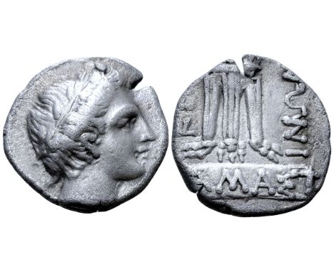 Illyria, Damastion AR Tetradrachm. Kephi(sophon), magistrate. Circa 365-345 BC. Laureate head of Apollo right / Tripod, legs 