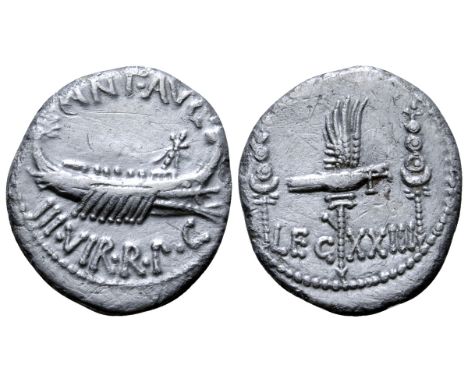 Marc Antony Legionary AR Denarius. Military mint moving with Antony, autumn 32 - spring 31 BC. ANT•AVG III•VIR•R•P•C, praetor