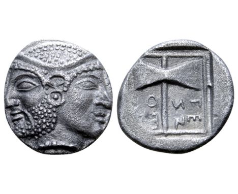Islands off Troas, Tenedos AR Hemidrachm. Circa 550-470 BC. (12mm, 1.82 g). Archaic janiform head, male on left, female on ri
