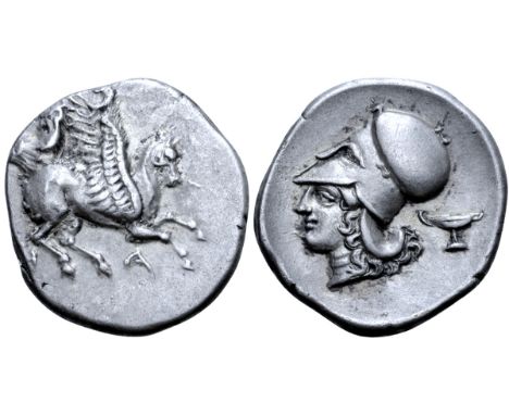 Epeiros, Ambrakia AR Stater. Circa 404-360 BC. Pegasos flying right; A below / Head of Athena left, wearing Corinthian helmet