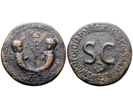 Drusus (son of Tiberius) Æ Sestertius. Rome, AD 22-23. Confronted heads of Drusus' twin sons Tiberius Gemellus and Germanicus