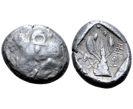 Cyprus, uncertain mint AR Stater. Early 5th century BC. Ram walking left, upon which an ankh symbol is superimposed / Laurel 