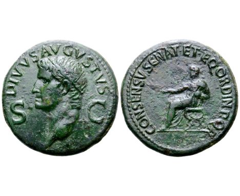 Divus Augustus Æ Dupondius. Struck under Caligula. Rome, AD 37-41. DIVVS• AVGVSTVS, radiate head left / CONSENSV• SENAT• EQ• 