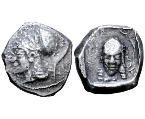 Cyprus, Lapethos AR Stater. Sidqmelek, circa 435 BC. Head of Athena left, wearing crested Corinthian helmet; Phoenician inscr