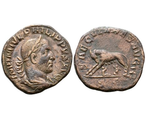 Philip I Æ Sestertius. Rome, AD 249. M IVL PHILIPPVS AVG, laureate, draped and cuirassed bust right / SAECVLARES AVGG, she-wo