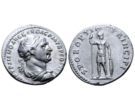 Trajan AR Denarius. Rome, AD 103-111. IMP TRAIANO AVG GER DAC P M TR P COS V P P, laureate, draped and cuirassed bust right /