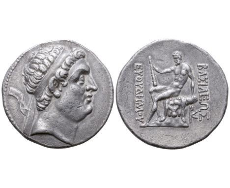 Greco-Baktrian Kingdom, Euthydemos I AR Tetradrachm. Mint B ('Baktra'), circa 210-206 BC. Diademed head right / Herakles seat