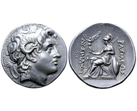 Kings of Thrace, Lysimachos AR Tetradrachm. Pergamon, circa 287/6-282 BC. Diademed head of the deified Alexander right, with 