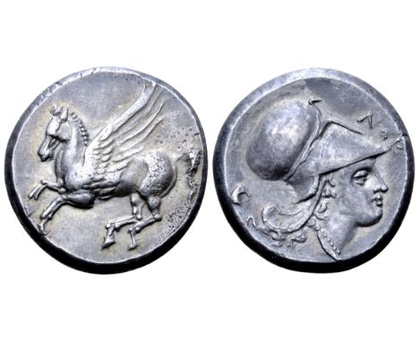 Bruttium, Lokri Epizephyrioi AR Stater. Circa 325-317 BC. Pegasos flying left / Head of Athena right, wearing Corinthian helm