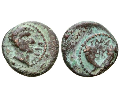 Tiberius Æ15 of Gadara, Decapolis. Dated CY 92 = 28/9 CE. TIB?PI?, bare head right / Crossed cornucopiae; ?A? above, L ?B (da