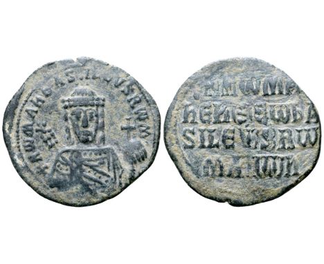 Romanus I Æ Nummus. AD 920-944. +R?MA?' ?ASIL?VS R?M', facing bust of Romanus I, bearded, wearing crown with cross and jewell