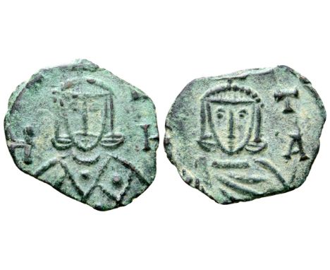 Nicephorus I, with Stauracius, Æ Follis. Syracuse, AD 803-811. Crowned bust of Nicephorus facing, wearing loros and [holding 