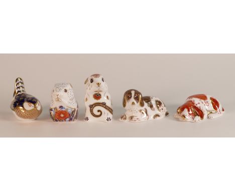 Five boxed Royal Crown Derby paperweights to include Wren, Puppy, Scruff, Mouse and Poppy Mouse. All gold stoppers, Wren has 