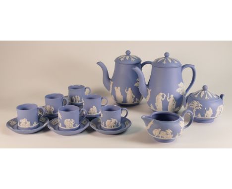 Wedgwood Jasperware coffee set to include lidded sugar bowl, cream jug, 6 coffee cans and saucers and 2 coffee pots (1 tray, 