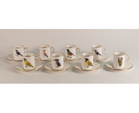 Set of 8 Hammersley Sunbird coffee cans and saucers for Rowland Ward, Nairobi, Kenya, printed with birds - African Hoopoe, Bl