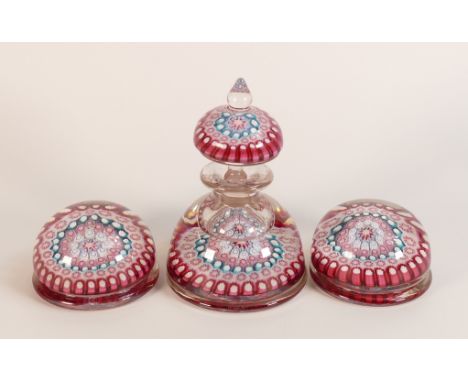 Stourbridge, Millefiori Glass desk set including Inkwell / Perfume bottle and two paperweights. (3)