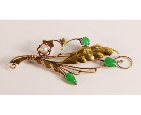Overseas high carat gold brooch, set Jade (or similar) &amp; a cultured pearl.  Gross weight 3.4g.  Not hallmarked but tested