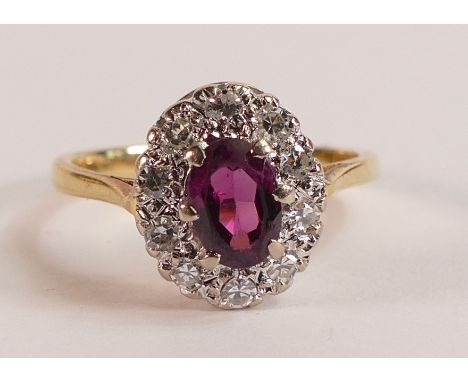 18ct hallmarked Gold ladies Diamond &amp; purple stone cluster dress ring, size N, weight 3.69g.  Centre stone scratched, scu