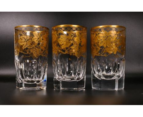 Three De Lamerie Fine Bone China heavily gilded tumbler glasses in two styles, specially made high end quality items, Made in