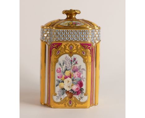 Copeland Spode hand painted lidded pot. The pot has Dutch style floral studies to both sides monogrammed HM. Moulded lozenge 