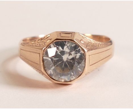9ct Rose Gold gents dress ring, set large white sapphire or similar.  Ring size S/T, weight 5.08g, stone size 8.5mm appx.  Pl