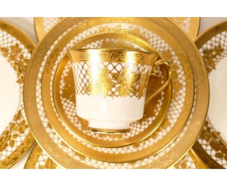 De Lamerie Fine Bone China heavily gilded Special Commission floral patterned twin handled cups &amp; saucers, trio &amp; 6 x
