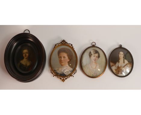 Collection of 4 framed miniatures including hand painted portrait of a lady in gilt brass frame, indistinct monogram, an earl