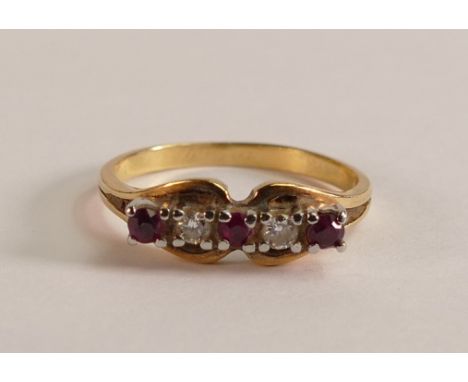 18ct Gold ring set with Rubies and Diamonds, size K, 2.6g.
