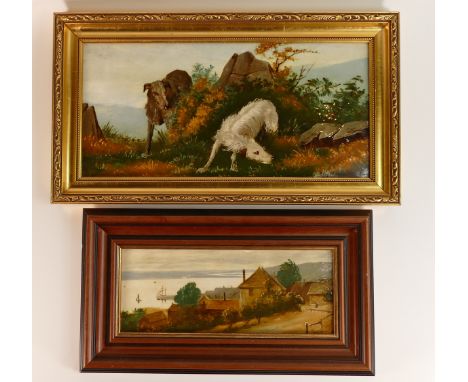 Possibly Sherwin &amp; Cotton, two hand painted Earthenware tiles. One painted with two hunting lurchers, the other with coas
