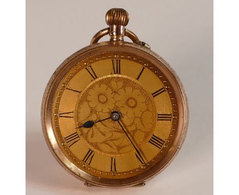 9ct Gold ornate ladies fob watch, top winding with gilded dial, d.3.5cm, 33g.