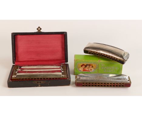 Three Hohner Harmonicas, includes an incredibly rare M. Hohner The Up To Date Twin Harp Harmonica in original early Hohner le