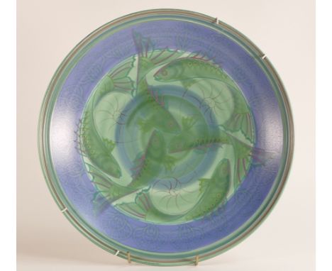 Poole Studio Pottery fruit bowl with hand painted Fish designs to interior. Diameter: 36cm