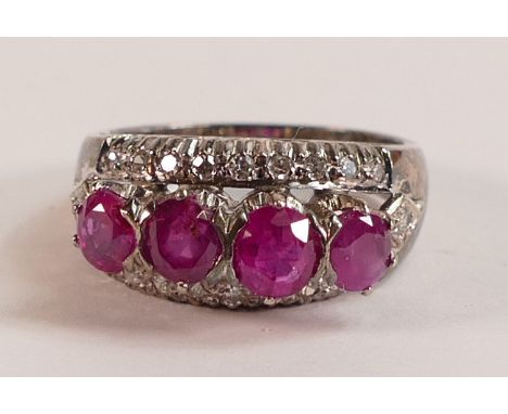 18ct white Gold ladies ruby (or similar gemstone) &amp; Diamond dress ring, stamped 18k.  Ring size O/P, weight 6.48g.