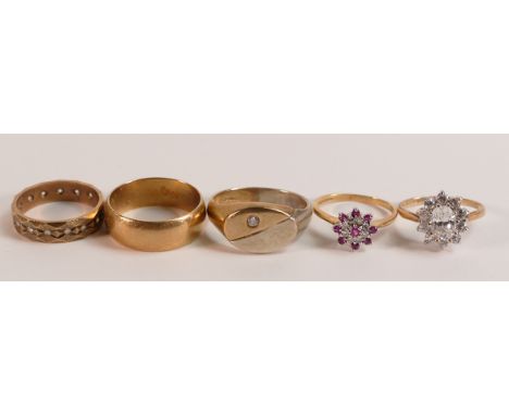 Five x 9ct hallmarked Gold rings, includes white stone dress ring size M/N, white stone signet ring size S, white stone &amp;