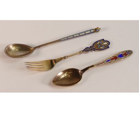 Three Russian Silver and Enamel items, two spoons and a fork. Stamped with Kokoshnik 84 Mark. Longest: 13.5cm (3)