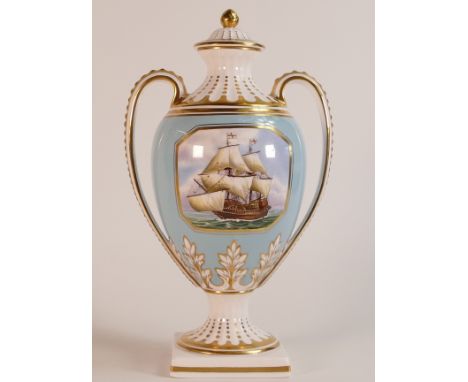 Spode, 'The Armada Vase'. Twin handled lidded vase with light blue ground and gilding. Painted central reserve of a ship. Lim