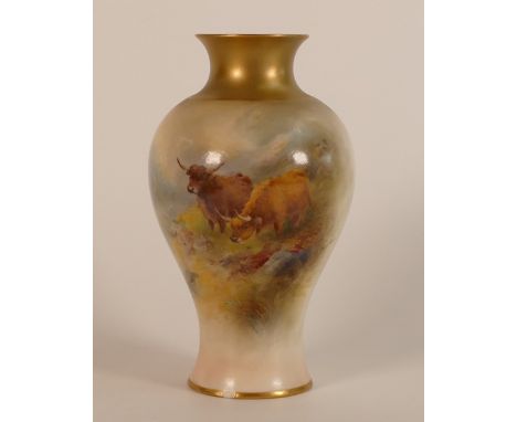 Harry Stinton for Royal Worcester, hand painted Baluster vase painted with Highland Cattle. a/f. Height: 15cm
