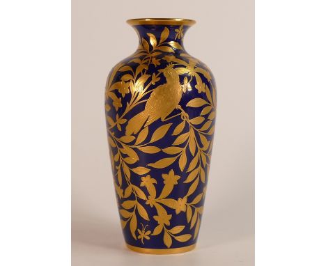Spode Copeland China gilded vase, gilded decoration of birds, butterflies and foliage, artists monogram for CJD, h.15.5cm.