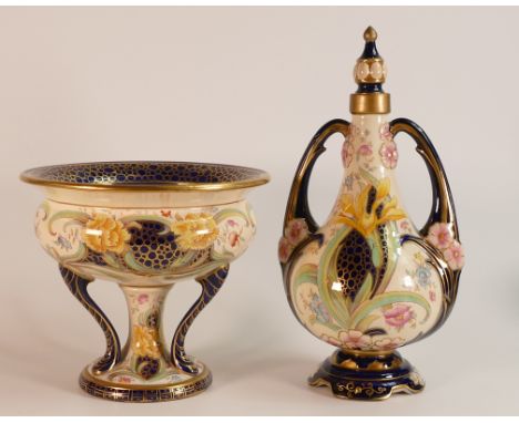 Shelley Foley China, two Foley Faience items including footed fruit bowl and lidded twin handle vase a/f. Height of tallest: 